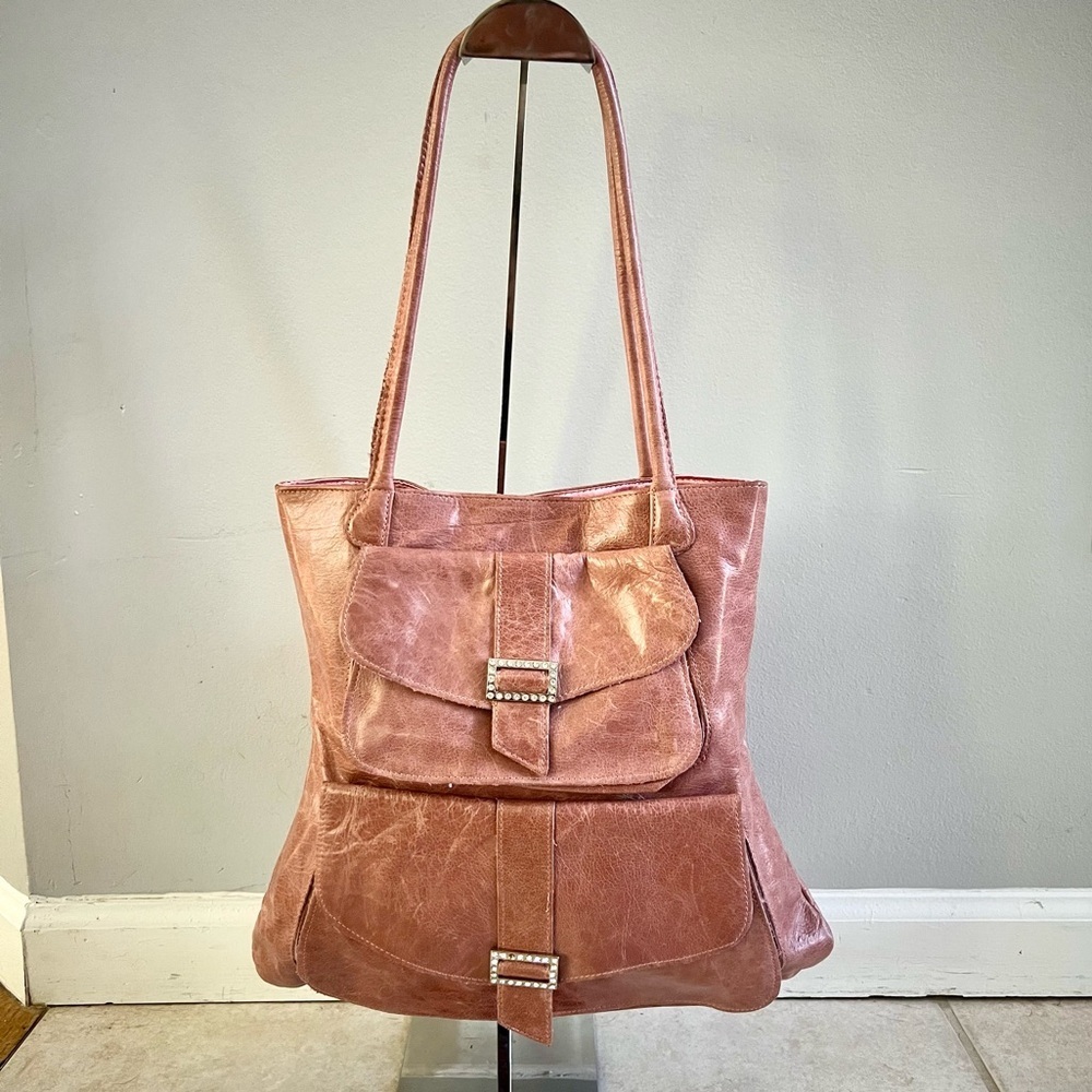 Vintage Sabina New York Pink Distressed Leather Tote Shoulder Bag Rhinestone Y2K